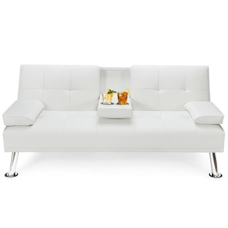 Convertible Folding Leather Futon Sofa with Cup Holders and Armrests--White