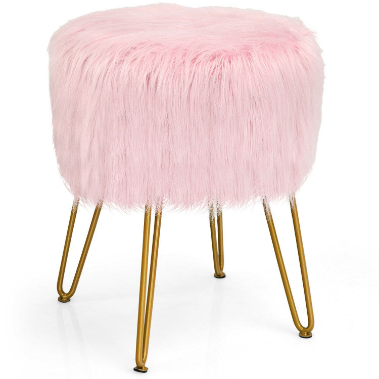 Faux Fur Vanity Stool Chair with Metal Legs for Bedroom and Living Room--Pink