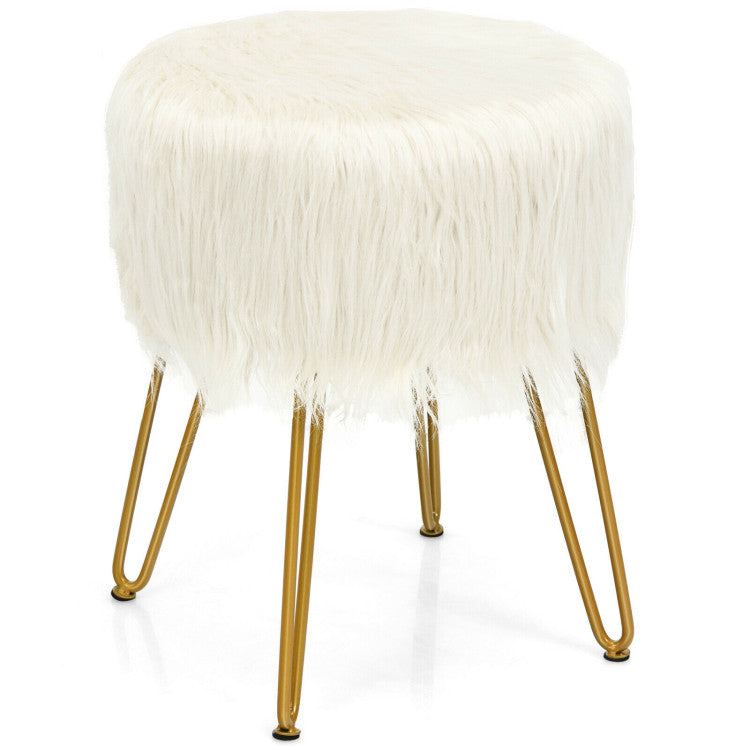 Faux Fur Vanity Stool Chair with Metal Legs for Bedroom and Living Room--White