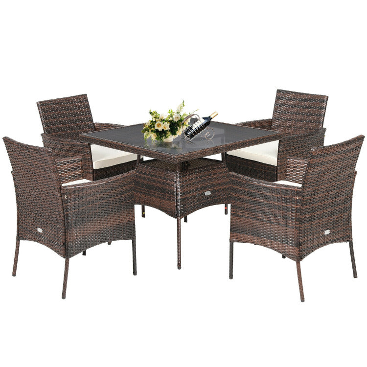 5 Pieces Tempered Glass Tabletop Wicker Patio Dining Set with 4 Armrest Chairs