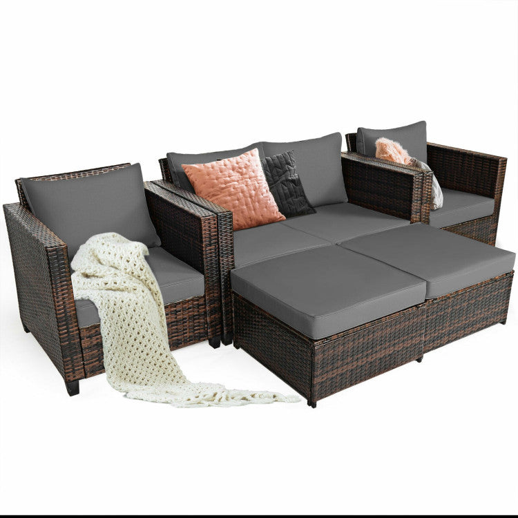 5 Pieces Patio Rattan Furniture Set with Removable Cushions