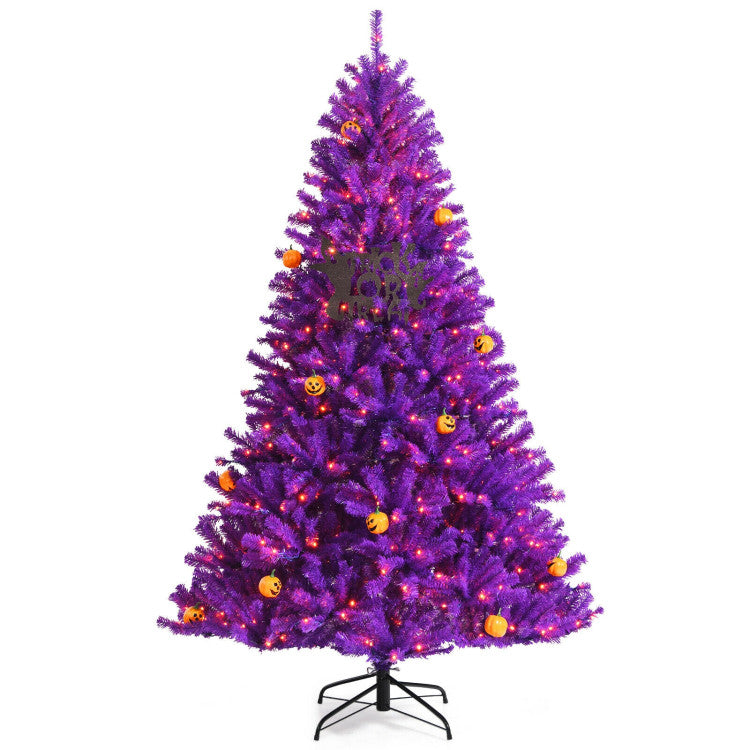 Artificial Prelit Purple Halloween Tree with Orange Lights and Pumpkin Ornaments