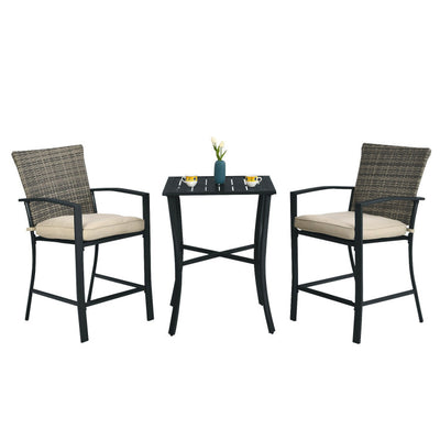 3 Pieces Rattan Bar Furniture Set with Slat Table and 2 Cushioned Stools