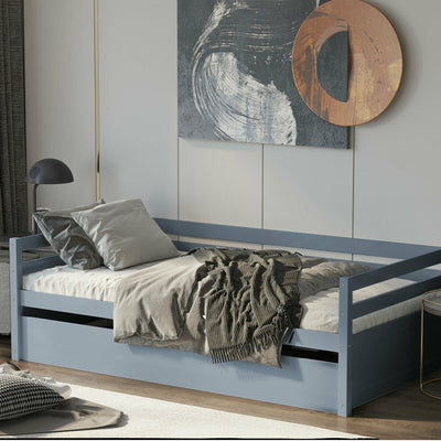 Twin Size Trundle Platform Bed Frame with  Wooden Slat Support