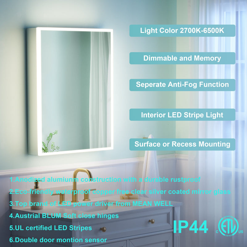 24 in. x 30 in. LED Medicine Cabinet for Bathroom, Wall Mount Cabinet with Mirror, Dimmable, Anti-fog, Right Side