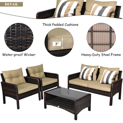 4 Pieces Patio Rattan Free-Combination Sofa Set with Cushion and Coffee Table