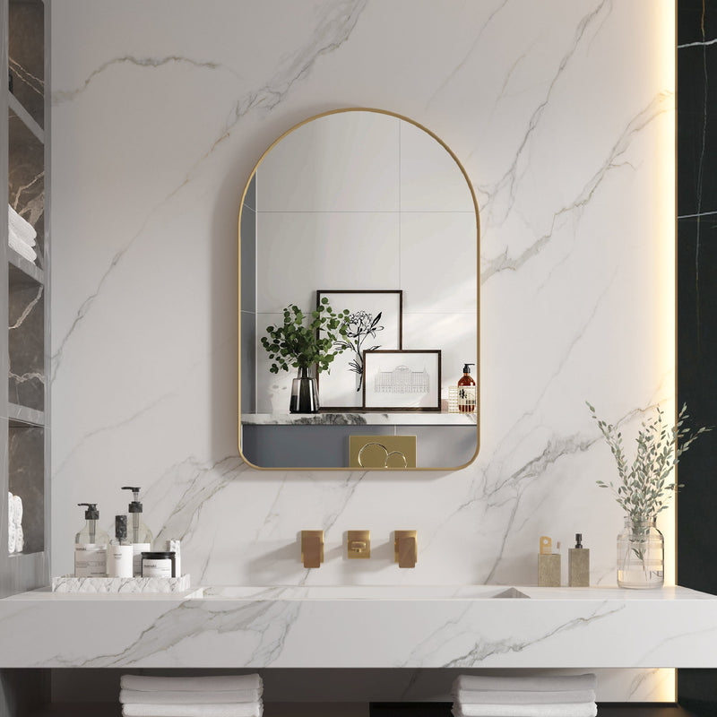 24 in. W x 36 in. H Arched Aluminum Framed Wall Bathroom Vanity Mirror in Brushed Gold