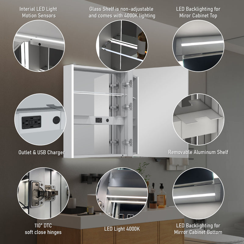 24 in. x 30 in.  Lighted LED Fog Free Surface Mount Silver Mirrored Soft Close Right Medicine Cabinet