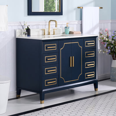 48 in. W x 22 in. D x 35 in. H Freestanding Bathroom Vanity in Navy Blue with Carrara White Quartz Vanity Top