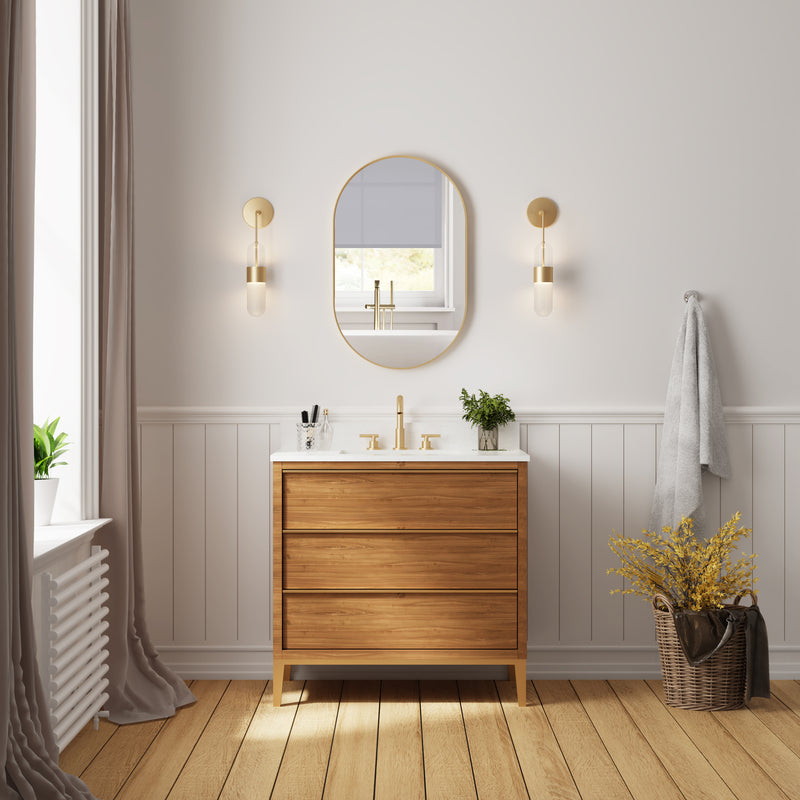 20 in. W x 32 in. H Oval Framed Wall Mount Bathroom Vanity Mirror in Brushed Gold