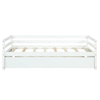 Twin Size Trundle Platform Bed Frame with  Wooden Slat Support