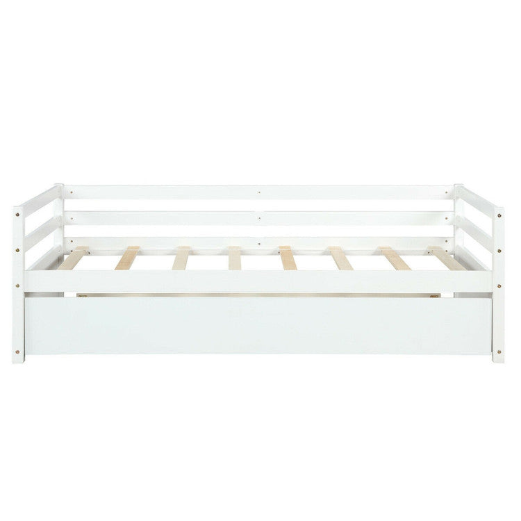 Twin Size Trundle Platform Bed Frame with  Wooden Slat Support