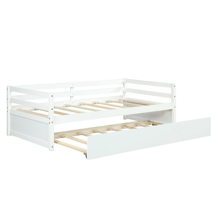 Twin Size Trundle Platform Bed Frame with  Wooden Slat Support