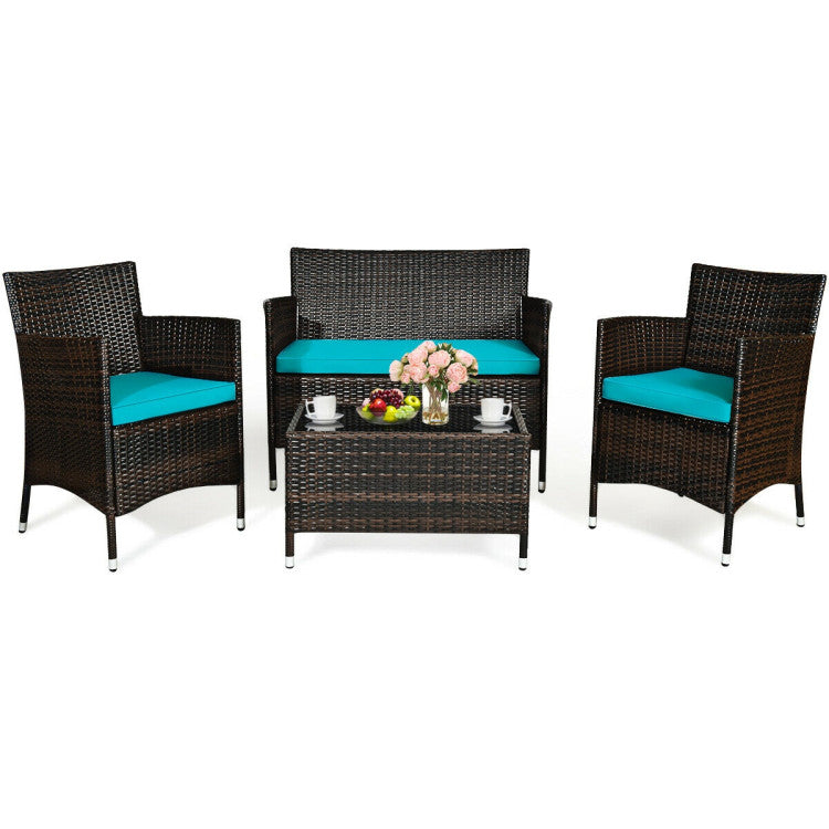 4 Pieces Comfortable Outdoor Rattan Sofa Set with Glass Coffee Table