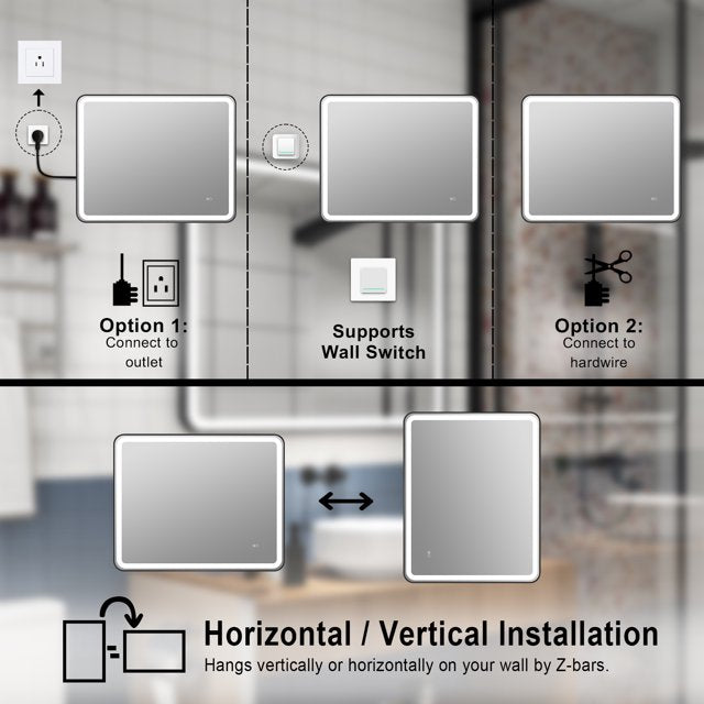 40 x 32 inch LED Bathroom Mirror, Wall Mounted Bathroom Vanity Framed Mirror with Dimmer, Anti-Fog