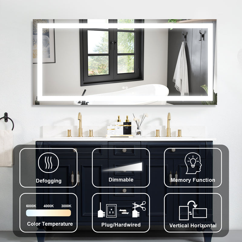 60 in. W x 28 in. H Frameless Rectangular LED Light Bathroom Mirror