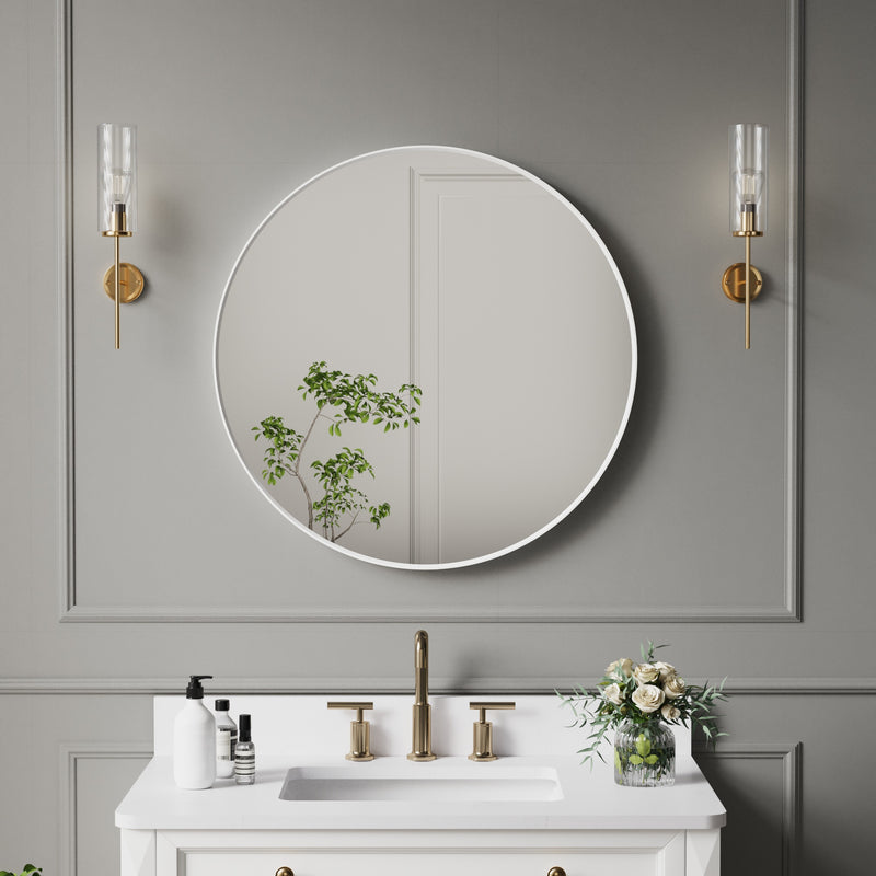 28 in. W x 28 in. H White Modern Bathroom Mirror Round Framed Aluminum Wall Mirror