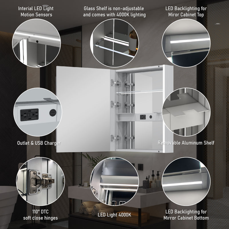 24 in. x 30 in.  Lighted LED Fog Free Surface Mount Silver Mirrored Soft Close Left Medicine Cabinet