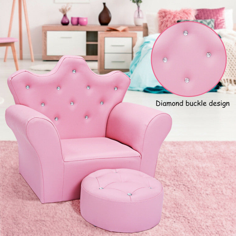 Children Upholstered Princess Sofa with Ottoman and Diamond Decoration for Boys and Girls