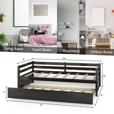 Twin Size Trundle Platform Bed Frame with  Wooden Slat Support