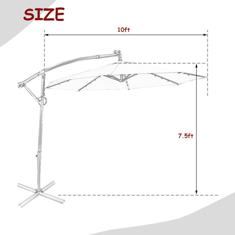 10 Feet 360° Rotation Solar Powered LED Patio Offset Umbrella without Weight Base