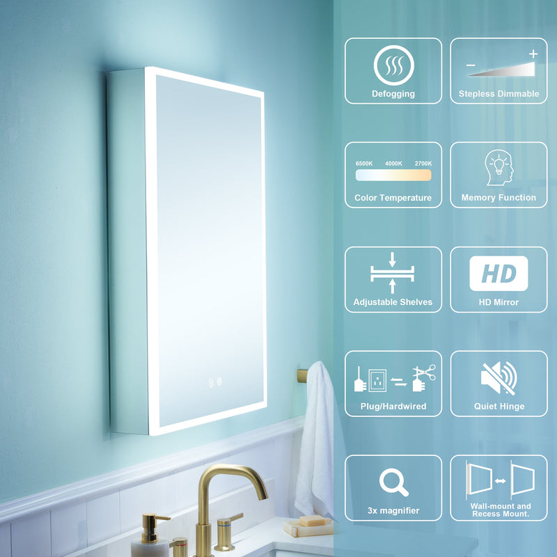 24 in. x 30 in. LED Medicine Cabinet for Bathroom, Wall Mount Cabinet with Mirror, Dimmable, Anti-fog, Right Side