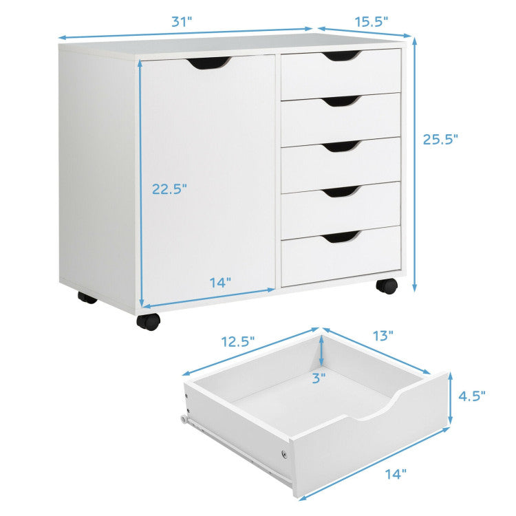 5-Drawer Rolling Storage Cart with Side Cabinet