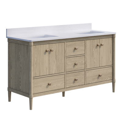 60-Inch Freestanding Oak Bathroom Vanity with White Quartz Top Sinks