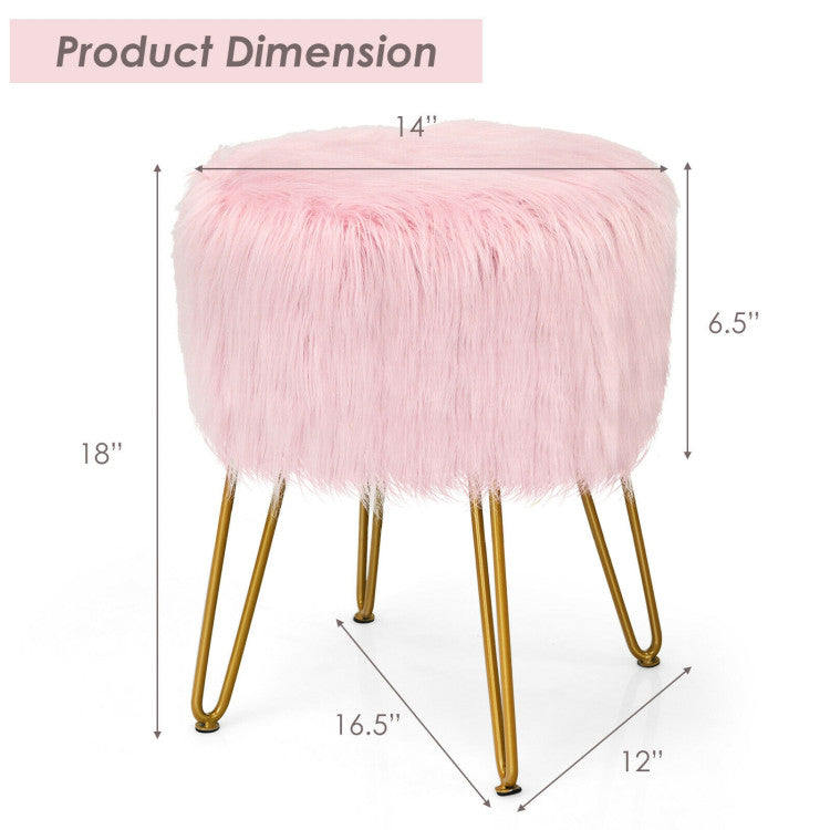 Faux Fur Vanity Stool Chair with Metal Legs for Bedroom and Living Room--Pink