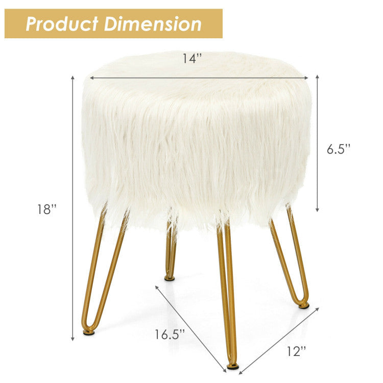 Faux Fur Vanity Stool Chair with Metal Legs for Bedroom and Living Room--White