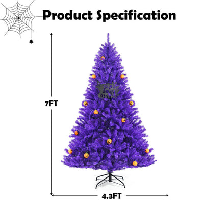 Artificial Prelit Purple Halloween Tree with Orange Lights and Pumpkin Ornaments