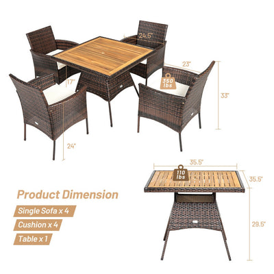 5 Pieces Acacia Wood Tabletop Wicker Patio Dining Set with 4 Armrest Chairs