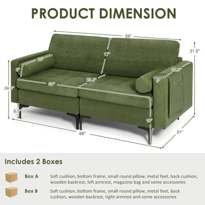 Modern Loveseat Sofa with 2 Bolsters and Side Storage Pocket