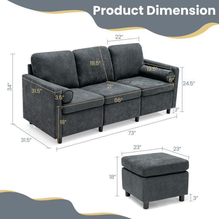 3 Seats L-Shaped Movable Convertible Sectional Sofa with Ottoman