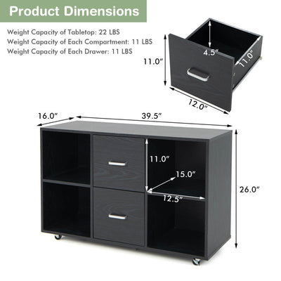 2 Drawer Wood Mobile File Cabinet with 4 Open Compartments