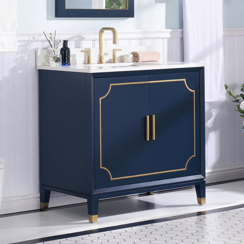 36 in. W x 22 in. D x 35 in. H Freestanding Bathroom Vanity in Navy Blue with Carrara White Quartz Vanity Top