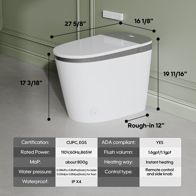 Elongated Smart Bidet Toilet in White with Built-in Tank, Foot Sensor Function, Auto Flush,LED Display