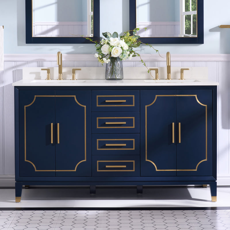 60 in. W x 22 in. D x 35 in. H Freestanding Bathroom Vanity in Navy Blue with Carrara White Quartz Vanity Top