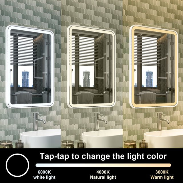 24 x 32 inch LED Bathroom Mirror, Wall Mounted Bathroom Vanity Framed Mirror with Dimmer, IP54 Enhanced Anti-Fog