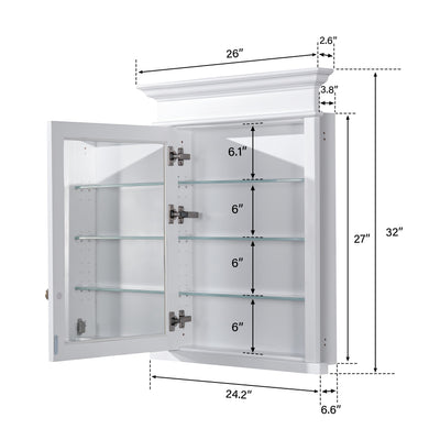 26 in.W x 32 in.H Recessed Bathroom Medicine Cabinet with Mirror in White