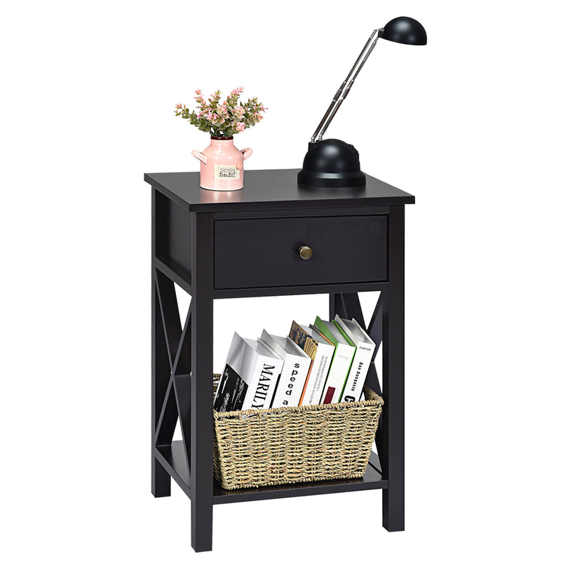 X-Shaped Bedside Storage Nightstand with Drawer and Bottom Shelf