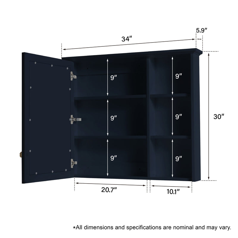 34-in x 30-in Solid Wood Framed Medicine Cabinet with Four Shelvs Navy Blue