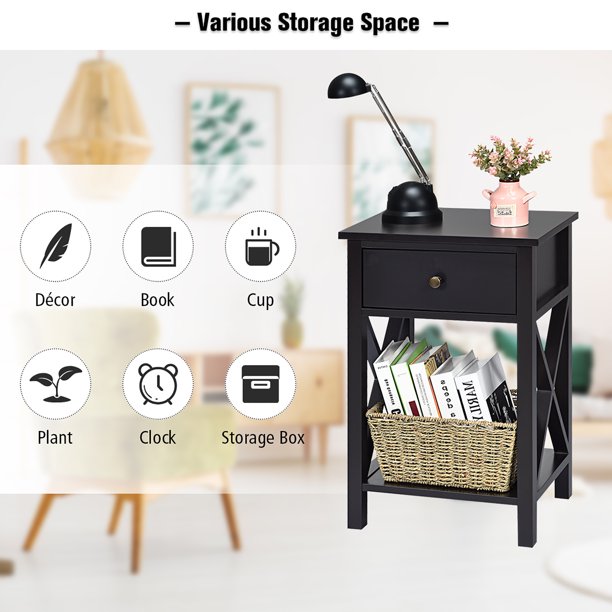 X-Shaped Bedside Storage Nightstand with Drawer and Bottom Shelf