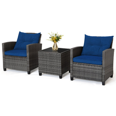 3 Pieces Outdoor Wicker Conversation Set with Tempered Glass Tabletop