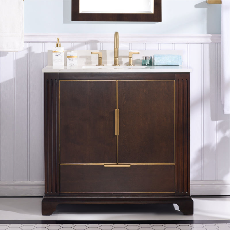 36inch Freestanding Bathroom Vanity with Carrara White Marble Top, Espresso