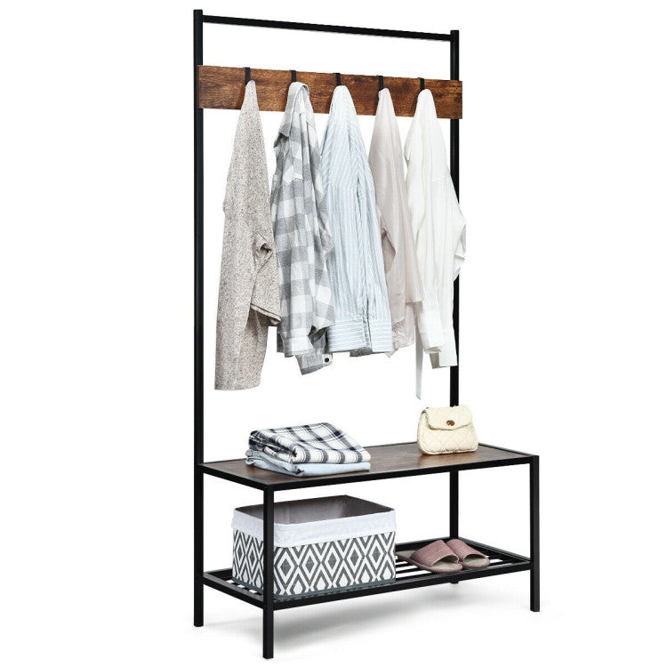 3-in-1 Industrial Hall Tree with Bench and Shoe Storage