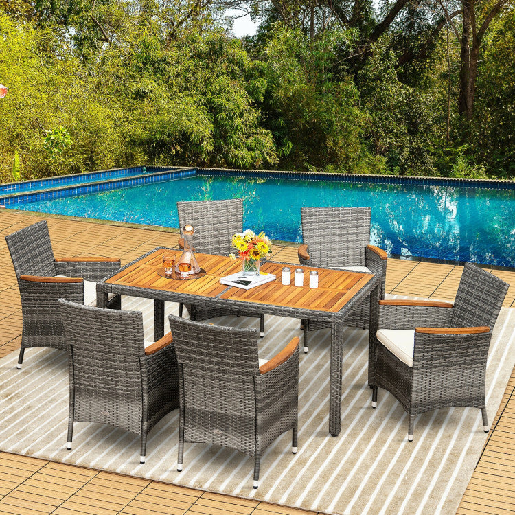 7 Pieces Patio Acacia Wood Cushioned PE Rattan Wicker Dining Set