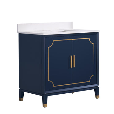 36 in. W x 22 in. D x 35 in. H Freestanding Bathroom Vanity in Navy Blue with Carrara White Quartz Vanity Top