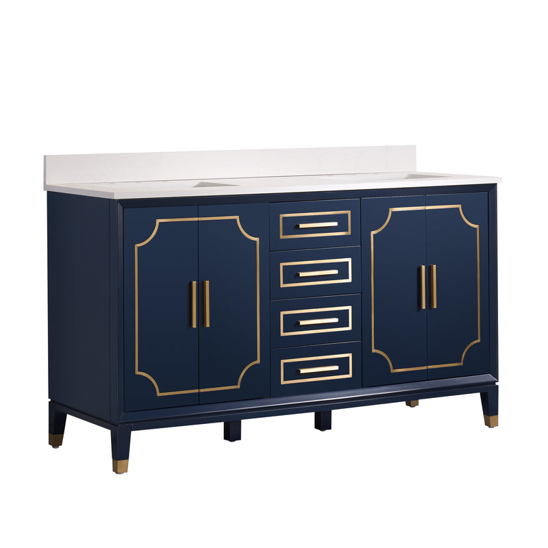 60 in. W x 22 in. D x 35 in. H Freestanding Bathroom Vanity in Navy Blue with Carrara White Quartz Vanity Top