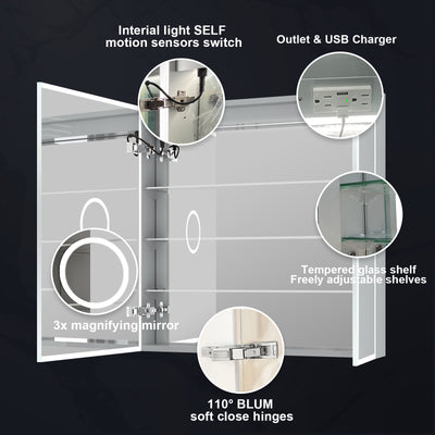 30"x30" LED Bathroom Medicine Cabinet with Lights, Medicine Cabinet with Mirror, Defogger, Dimmer, Memory Function, Anodized Aluminum